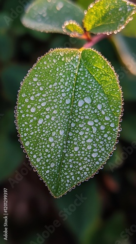 Dewdrops glimmer on a green leaf in early morning sunlight in a garden setting