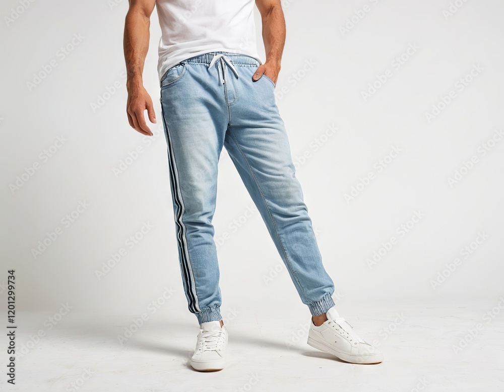 Male model showcasing stylish light blue joggers with side stripes and white sneakers. Male model showcasing stylish light blue joggers with side stripes and white sneakers.