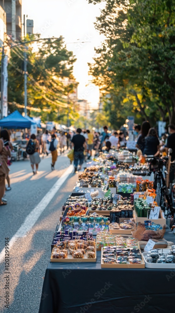 Obraz premium Evening street market experience urban city street photography vibrant neighborhood eye-level view community engagement