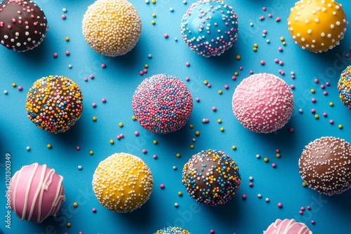 Colorful candy-coated treats scattered on a blue surface for a festive celebr...