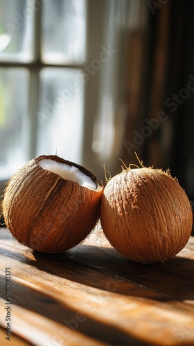 Two cracked coconuts resting on a wooden table with sunlight illuminating the...