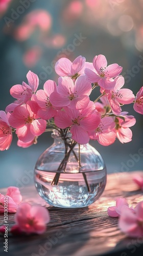 Pink cherry blossoms in a clear vase resting on a wooden table with soft sunl...