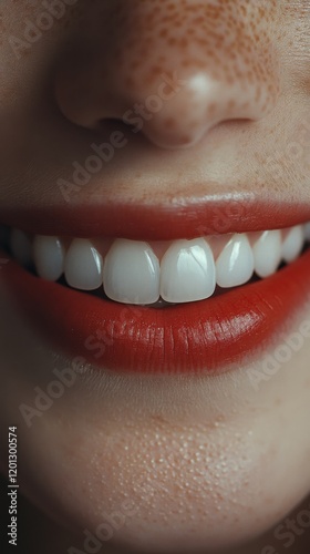 Smiling woman with red lips and freckles showcasing bright, white teeth in cl...