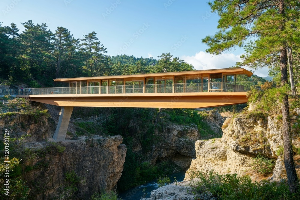Fototapeta premium Wooden bridge spans rocky gorge, lush greenery.