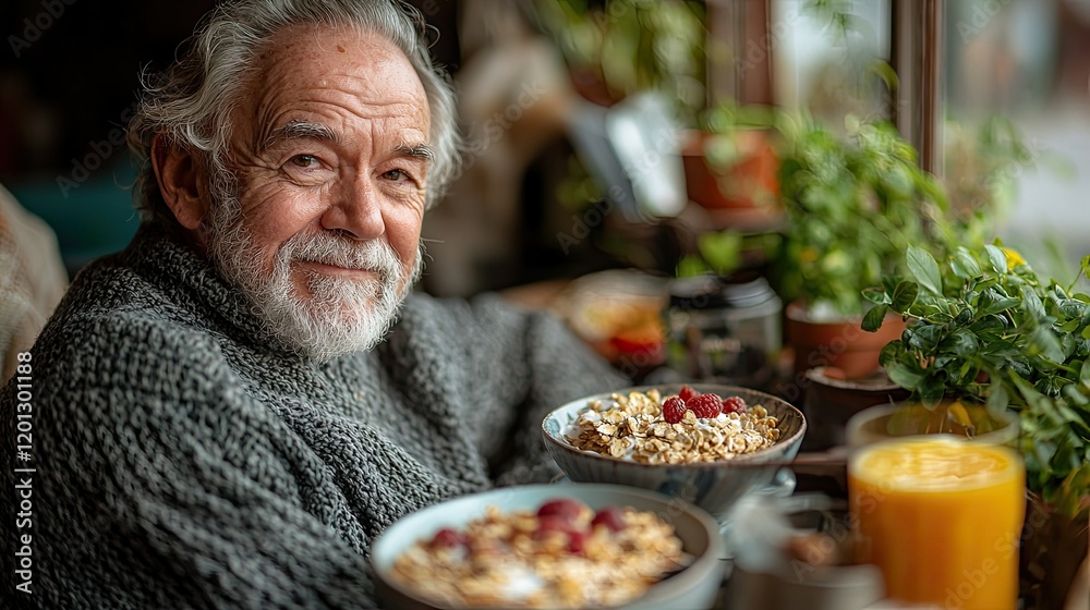 Elderly Man Enjoying Breakfast With Granola And Raspberries Elderly Man Enjoying Breakfast With Granola And Raspberries