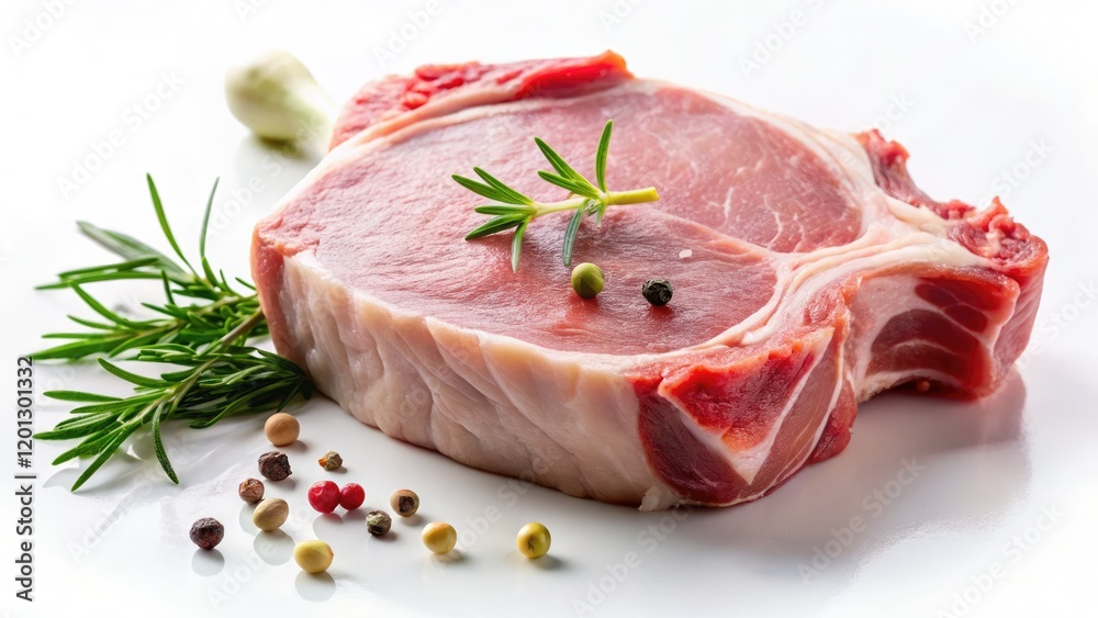 Fototapeta premium Juicy raw pork chop, pristine white backdrop. Butcher-fresh, ready for your culinary creation.