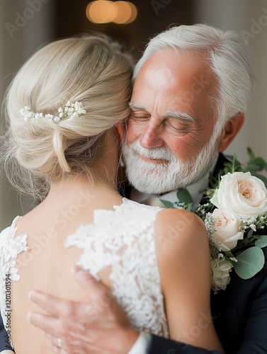 Emotional father-daughter embrace during a beautiful wedding ceremony in an elegant venue. Generative AI