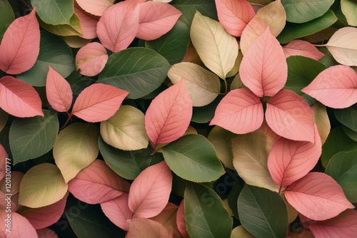 Colorful array of leaves in shades of pink and green during a sunny day in na...