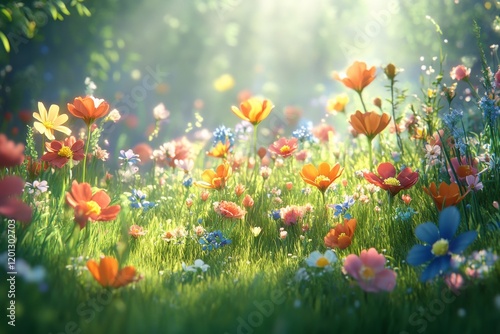 Vibrant wildflower meadow in the golden light of sunrise surrounded by lush g...