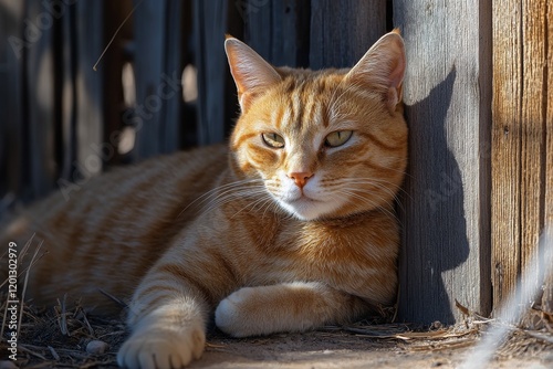 Cat relaxing in the sunlight near wooden fence on a calm afternoon