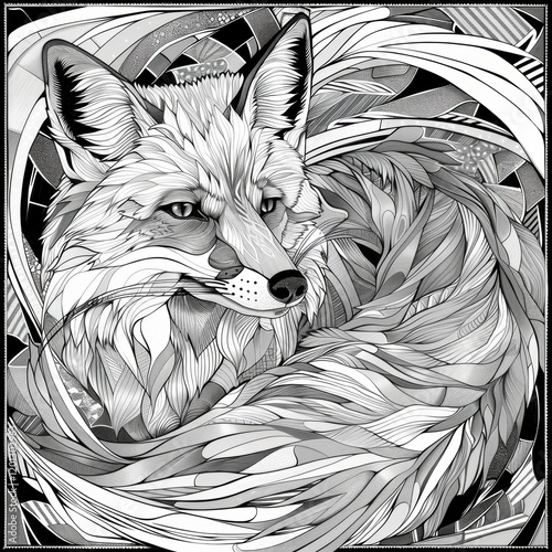 Black and white linear drawing with a fox.