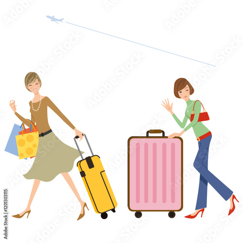 二人で大きな旅行用のスーツケースを移動させなが旅行を楽しむ女性
