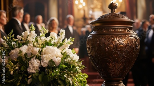 Elegant funeral service with ornate urn and white flowers