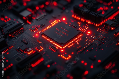 Microchip circuit board glowing with bright red lights in a dark environment