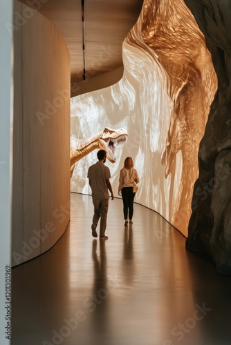 Museum Advocacy Days Caucasian adults walking through dinosaur exhibit with dynamic wall projections