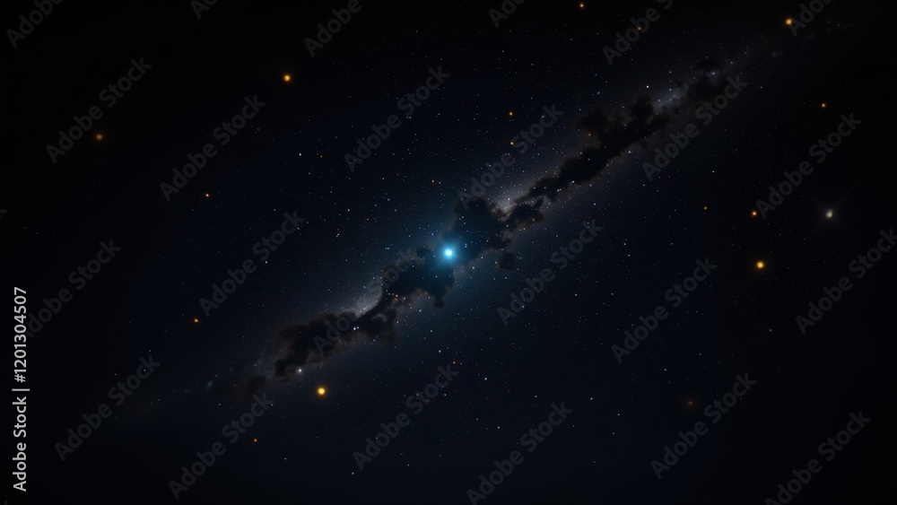 A mesmerizing close-up worm’s-eye view captures a vast black galaxy stretching across the frame, with a radiant blue star at its heart. It's enveloped by an enigmatic swirl of cosmic dust, inviting cu A mesmerizing close-up worm’s-eye view captures a vast black galaxy stretching across the frame, with a radiant blue star at its heart. It's enveloped by an enigmatic swirl of cosmic dust, inviting cu