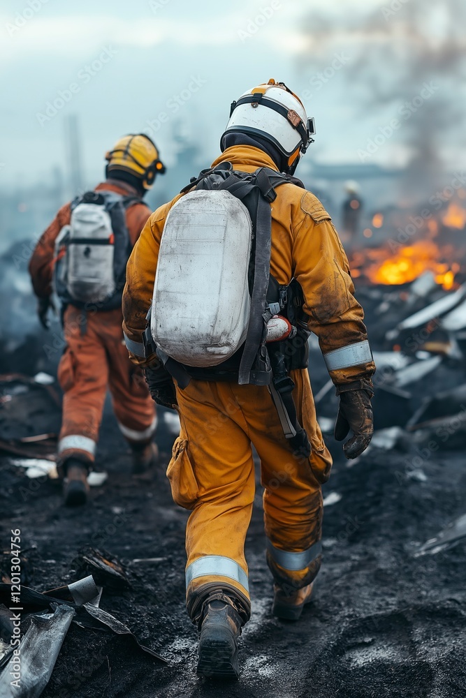 Fototapeta premium Firefighters courageously navigate through the aftermath of a blaze, prioritizing safety and teamwork amidst the destruction. Generative AI