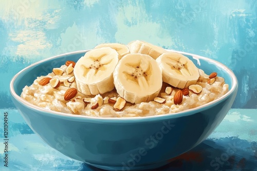 Healthy breakfast bowl with oatmeal, bananas, and nuts on a vibrant blue back...