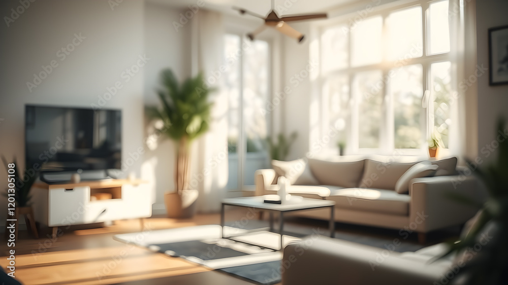 Fototapeta premium Blur living room at home with morning sunlight at big window for background usage. blur interior background concept. white, bright tone. Generative AI