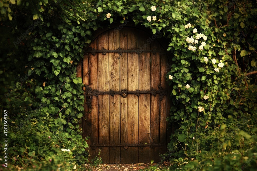 Fototapeta premium Enchanted wooden door in lush greenery with blooming white flowers