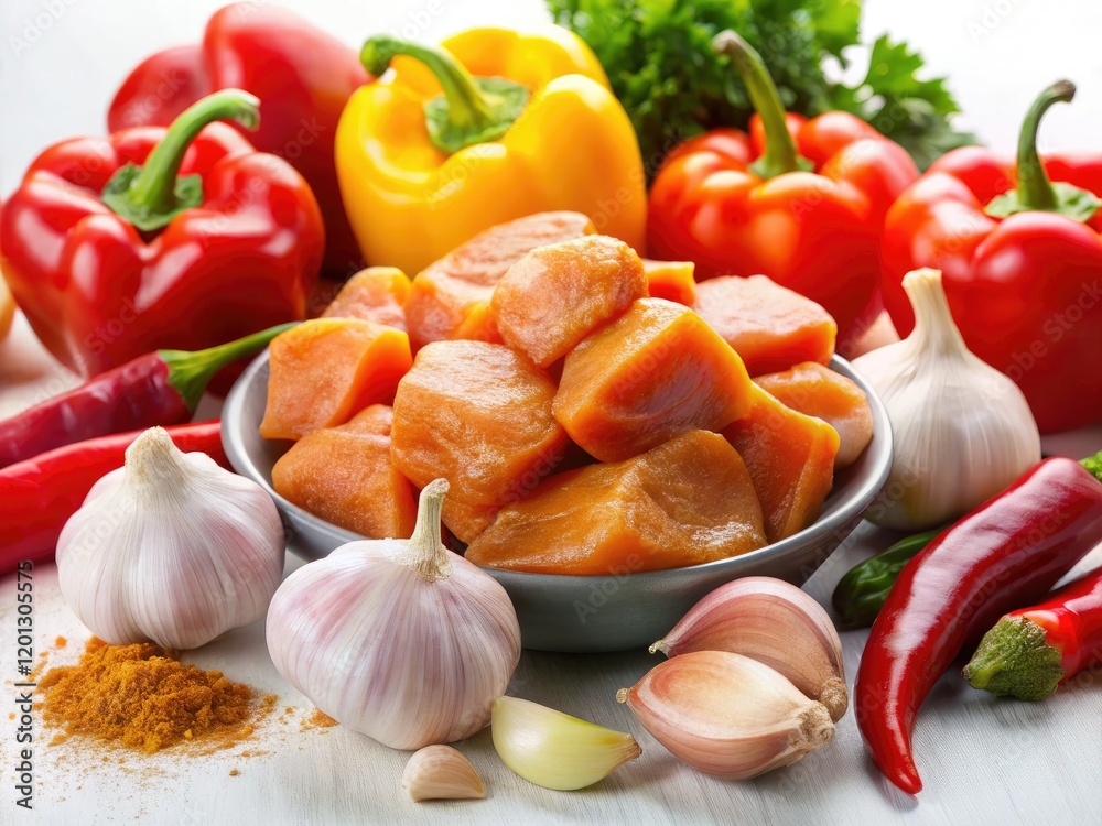 Raw chicken goulash, macro detail. White backdrop highlights vibrant textures in this culinary close-up. Raw chicken goulash, macro detail. White backdrop highlights vibrant textures in this culinary close-up.
