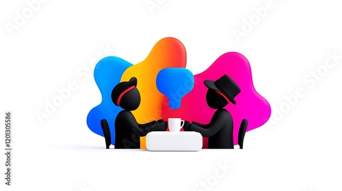 Two Figures Engaging in Conversation, Colorful Abstract Background