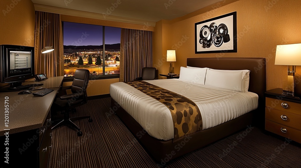 Modern Hotel Room with City View at Night Modern Hotel Room with City View at Night