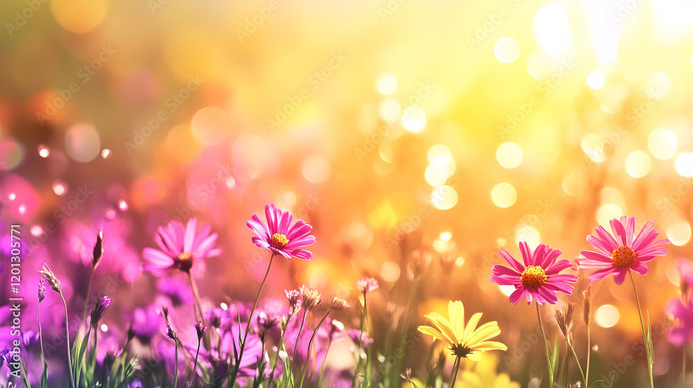 Fototapeta premium Vibrant Pink and Yellow Flowers Blooming in Sunlight