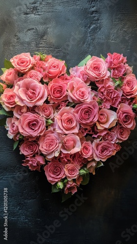 Arrangement of pink roses forming a heart shape on a blue background for spec...