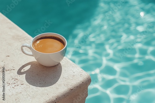 Warm coffee cup resting on a ledge by a sparkling pool in bright sunlight dur...