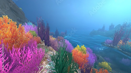 Vibrant underwater scene with colorful corals and serene water.