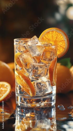 Refreshing citrus drink with ice cubes and orange slices on a sunlit table