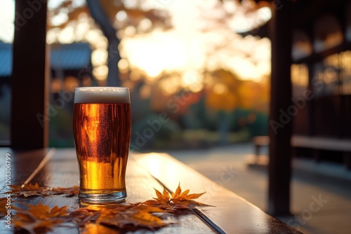 Autumnal beer garden sunset, Japan. photo