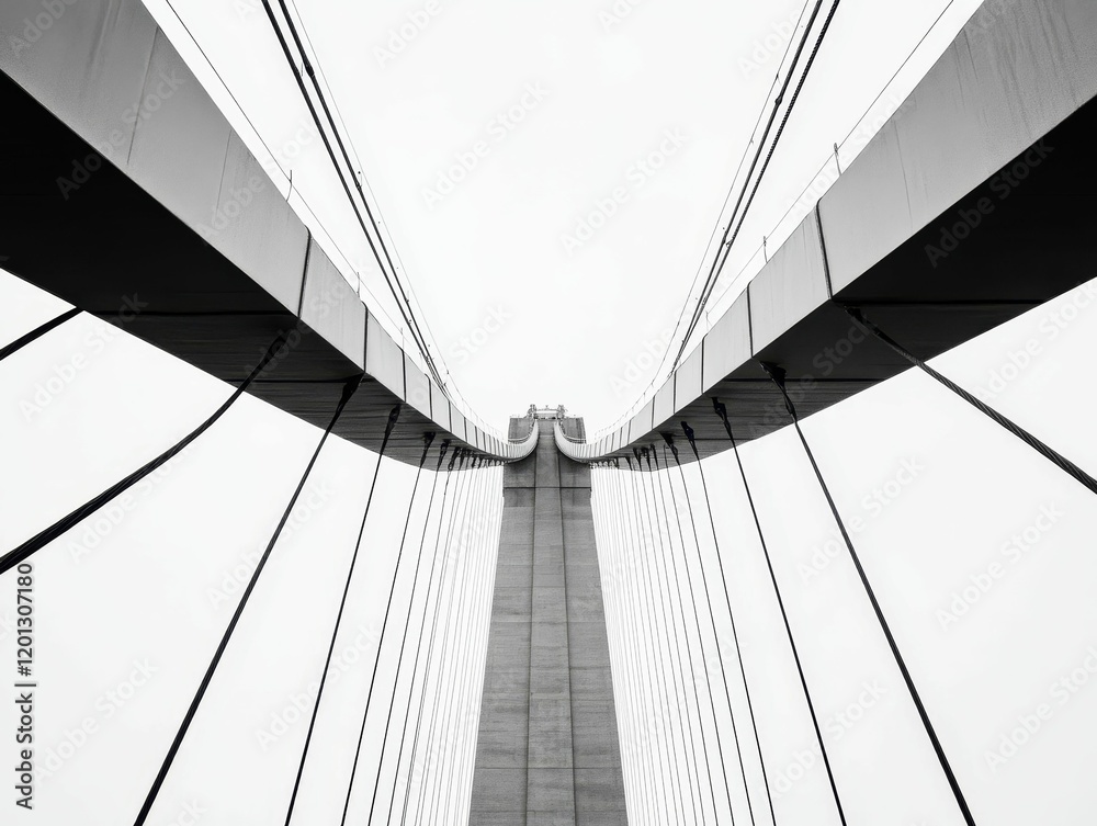 Naklejka premium Symmetrical suspension bridge with cables in black and white.