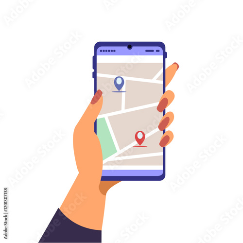 Smartphone in hand. Navigation, route. Vector illustration, simple cartoon style.