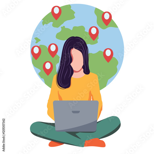 woman sitting at laptop. Freelance. Work from anywhere in the world. Vector illustration, simple cartoon style