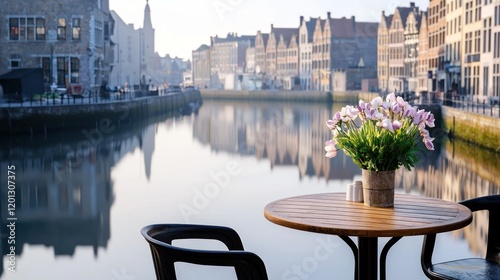 A serene riverside caf? scene with flowers and reflections.