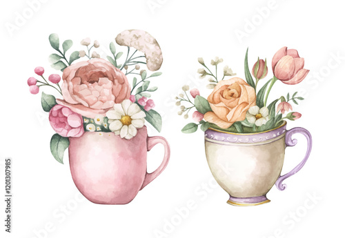 Watercolor floral arrangement in cup.