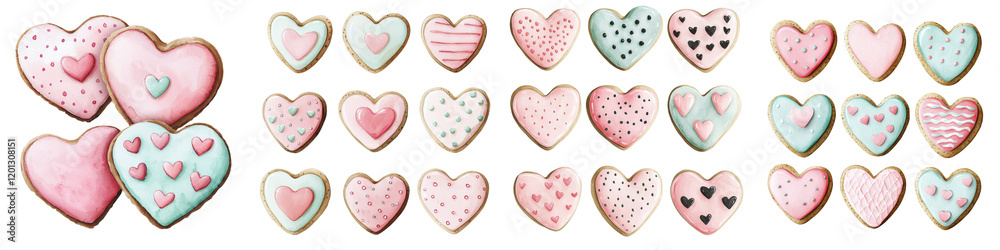 Assorted heart shaped homemade cookies and biscuits in pastel pink mint and white colors with various decorative patterns for a romantic Valentine s Day or as a sweet gift Assorted heart shaped homemade cookies and biscuits in pastel pink mint and white colors with various decorative patterns for a romantic Valentine s Day or as a sweet gift