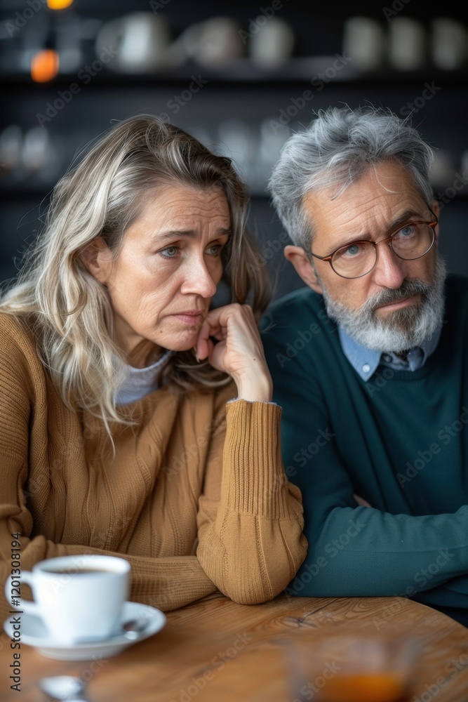 Caucasian mature couple drinking coffee at cafe, thoughtful expressions Caucasian mature couple drinking coffee at cafe, thoughtful expressions