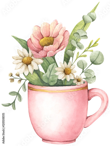Watercolor floral arrangement in cup.