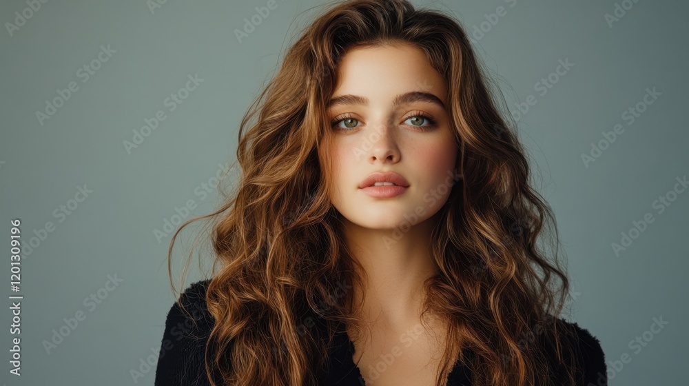Naklejka premium Caucasian young female with long wavy hair and blue eyes posing against gray background
