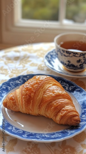 Enjoying a warm croissant with tea on a cozy morning in a sunlit kitchen