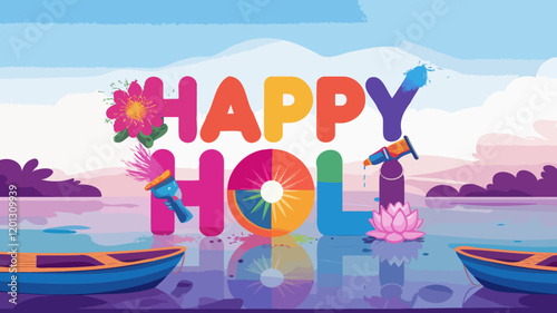 Colorful Cartoon Happy Holi Typography Design for Happy Holi Greeting Text.