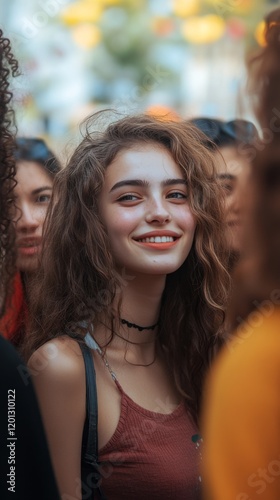 Young girl with curly hair smiling at the camera in a casual setting among fr...