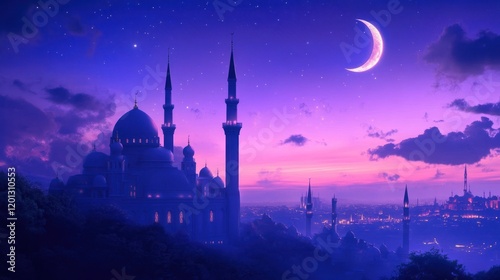 Majestic Mosque at Twilight Under a Crescent Moon