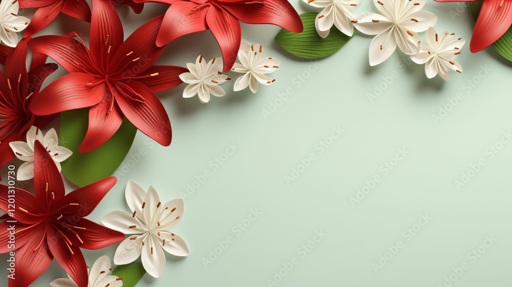 Fototapeta premium Vibrant Floral Arrangement with Red and White Flowers on Green Background