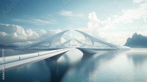 Futuristic bridge spans calm water, distant mountains.