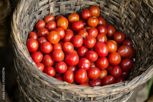 Freshly harvested heirloom tomatoes in woven baskets at a farmer market