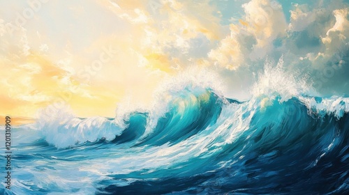 Wallpaper Mural Powerful Ocean Waves Crashing with Yellow Sunset Sky and Clouds Torontodigital.ca